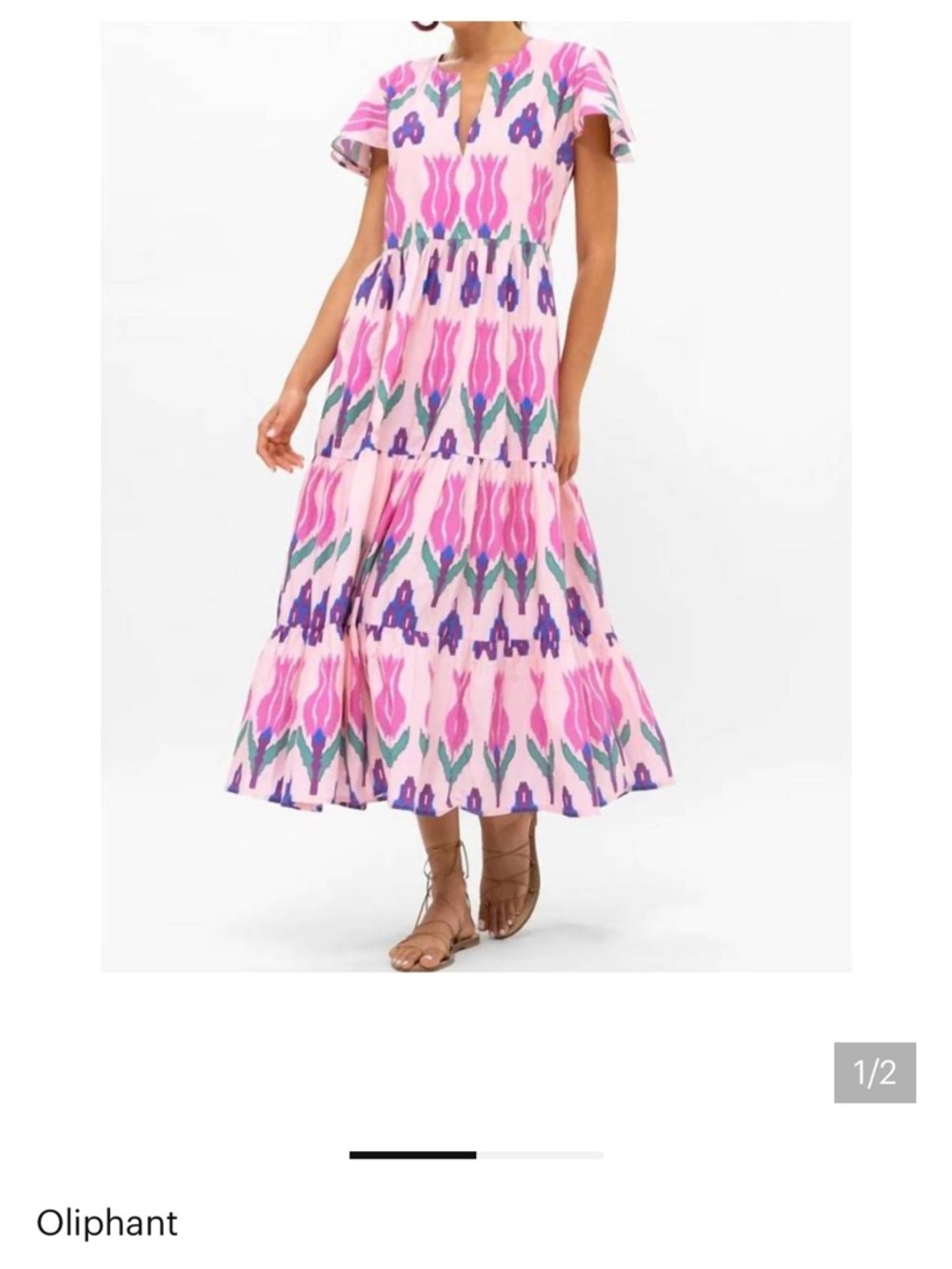 Oliphant Pink Floral Tiered Midi Dress with Purple and Green Accents